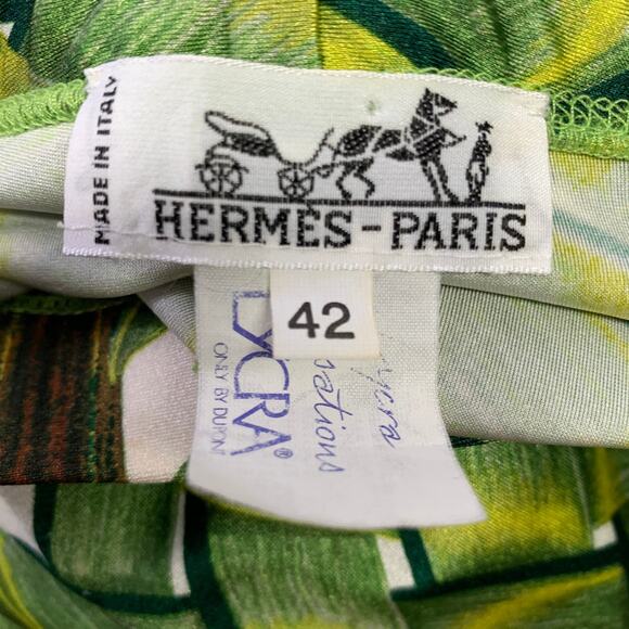 HERMES Size 10 Green Yellow Lycra Woven Elastic Waistband Leggings - Picture 3 of 4